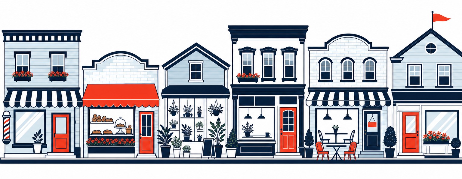 A row of small-business storefronts: a barber shop, a bakery, a plant nursery, a cafe, and a hardware store